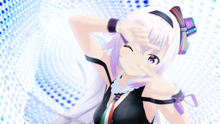 HD anime wallpaper featuring Carro Pino, a Virtual Youtuber, posing playfully with a bright, swirling blue and white background.