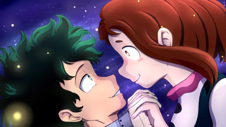 Anime HD PC desktop background: My Hero Academia's Izuku Midoriya and Ochaco Uraraka hold hands and gaze at each other beneath a starry purple sky.
