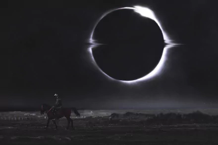 A fantasy warrior knight on horseback rides beneath a dramatic solar eclipse, captured in a high-definition PC desktop wallpaper background.
