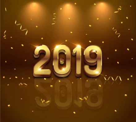 Gold 2019 numerals with confetti and streamers on a glossy brown-gold background — HD PC desktop wallpaper celebrating the New Year 2019 holiday.