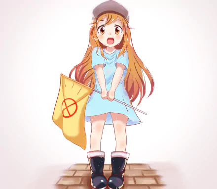 HD anime desktop wallpaper featuring Platelet from Cells at Work!, holding a yellow flag with a red crossed circle symbol.