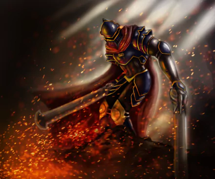 Ainz Ooal Gown, the Undead King from Overlord, stands as a fierce warrior amidst a backdrop of glowing embers, showcasing powerful presence in this HD anime wallpaper.