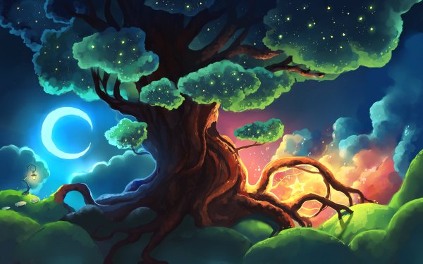 Artistic Tree Moon Cloud Stars Crescent Painting Roots HD Wallpaper | Background Image