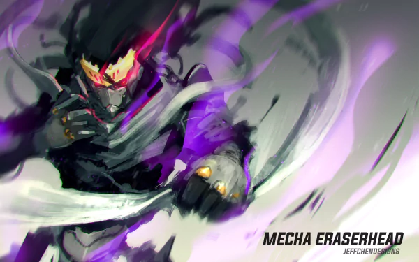 A dynamic mecha-themed illustration of Shouta Aizawa, also known as Eraserhead, from My Hero Academia, featuring vibrant colors and action-packed details in 4K Ultra HD.