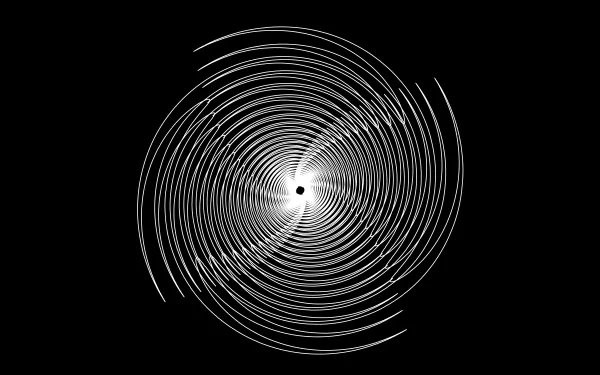 Abstract spiral composed of white concentric lines on a black background, designed as an 8K Ultra HD PC desktop wallpaper and background.