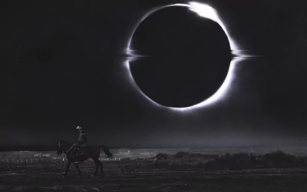 A fantasy warrior knight on horseback rides beneath a dramatic solar eclipse, captured in a high-definition PC desktop wallpaper background.