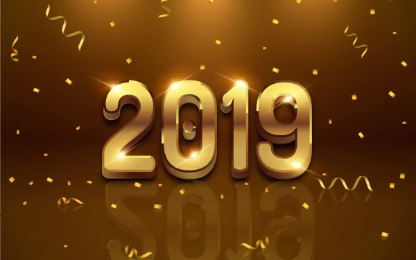 Gold 2019 numerals with confetti and streamers on a glossy brown-gold background — HD PC desktop wallpaper celebrating the New Year 2019 holiday.