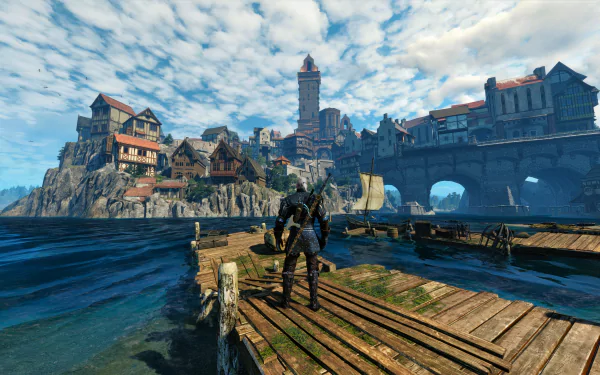 Geralt of Rivia stands on a dock overlooking the coastal city of Novigrad in the video game The Witcher 3: Wild Hunt, captured in 8K Ultra HD quality.