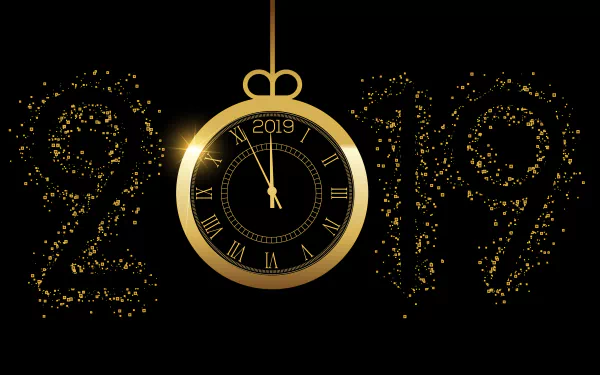 Gold pocket-watch clock near midnight with glittering 2019 digits on black holiday New Year 2019 4K Ultra HD PC desktop wallpaper background.