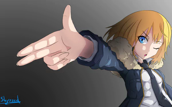 Carrera (That Time I Got Reincarnated as a Slime) anime 2K Quad HD desktop wallpaper: Carrera winks and points like a finger-gun, wearing a fur-collared coat against a gray gradient background.