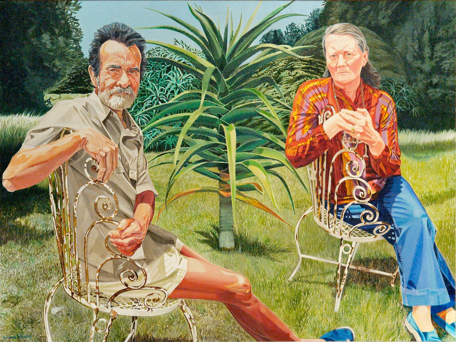 Artistic drawing of two men sitting on ornate chairs outdoors, surrounded by greenery, rendered in detailed, painterly style as an HD PC desktop wallpaper background.