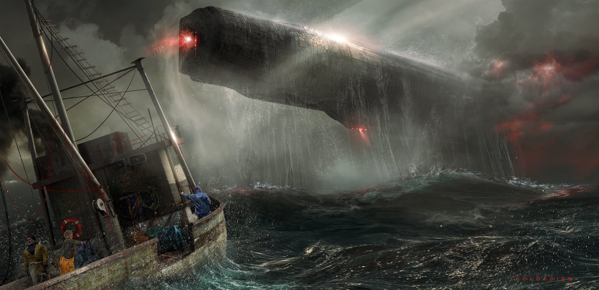 HD desktop wallpaper showcasing a Sci-Fi scene with a massive spaceship hovering over a stormy ocean, next to a smaller boat.