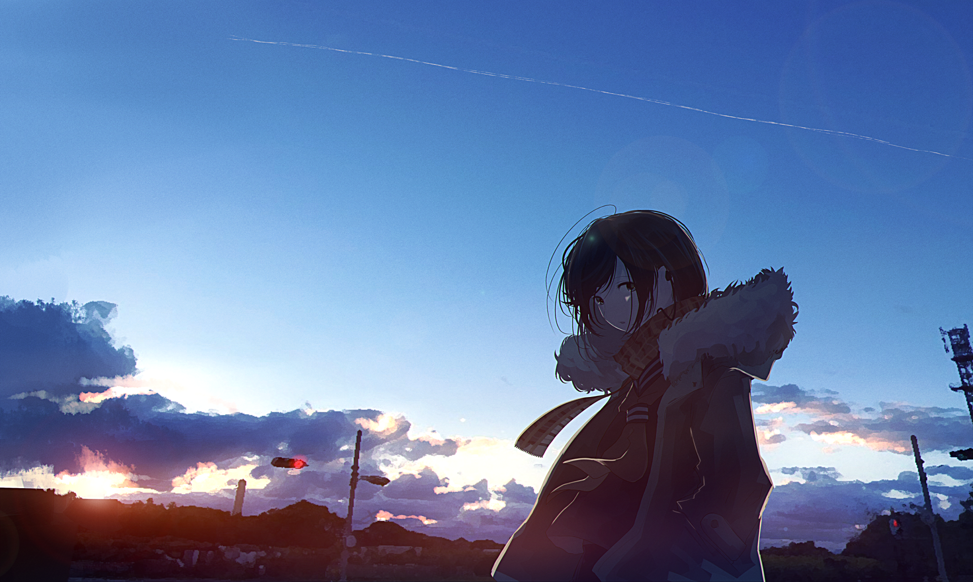 An anime character with short brown hair, a scarf, and brown eyes stands against a vivid sunset background in this HD desktop wallpaper.