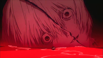 HD PC wallpaper: Rei Ayanami (Neon Genesis Evangelion, End of Evangelion) close-up — pale face and wide eyes over a glowing blood-red surface.