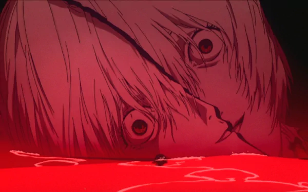 HD PC wallpaper: Rei Ayanami (Neon Genesis Evangelion, End of Evangelion) close-up — pale face and wide eyes over a glowing blood-red surface.