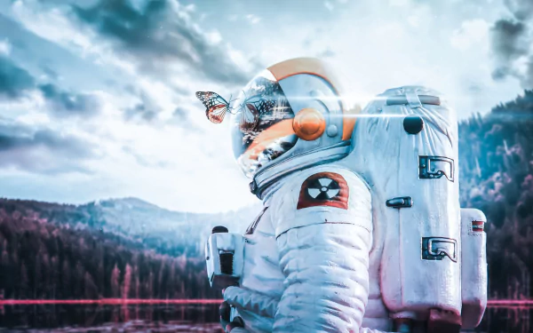 HD desktop wallpaper featuring an astronaut in a detailed spacesuit against a serene, forested landscape, blending sci-fi with nature.