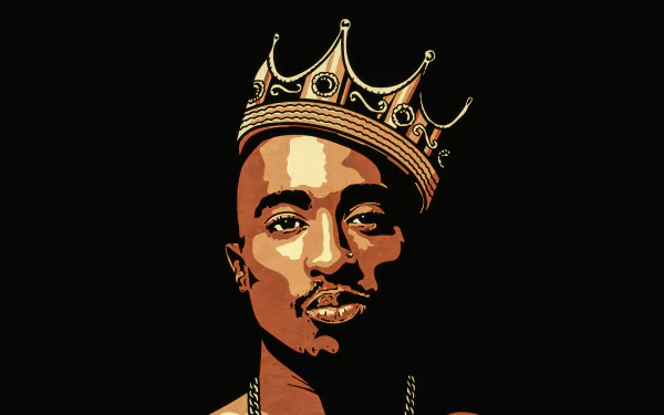 4K Ultra HD PC desktop wallpaper featuring a stylized portrait of 2Pac wearing a crown against a black background, highlighting iconic music imagery.