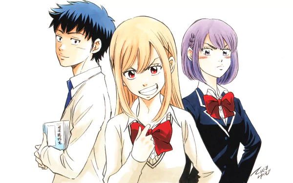 HD anime desktop wallpaper featuring Ryu Yamada, Urara Shiraishi, and Nene Odagiri from Yamada-kun and the Seven Witches in school uniforms with confident expressions.