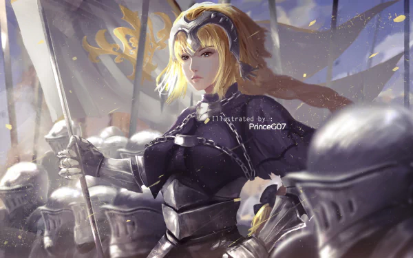 Anime-style HD desktop wallpaper of Jeanne d'Arc from Fate/Grand Order, featuring her in armor with a helmet, long blonde braided hair, a headpiece, and holding a flag.
