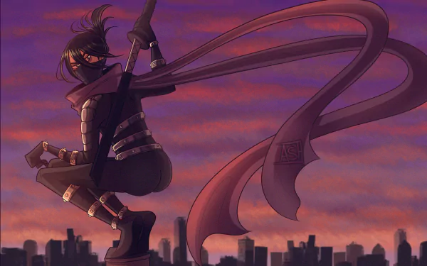 Sonic (One-Punch Man) crouches on a rooftop at sunset, scarf streaming and katana sheathed above a silhouetted city — 2K Quad HD anime PC desktop wallpaper.