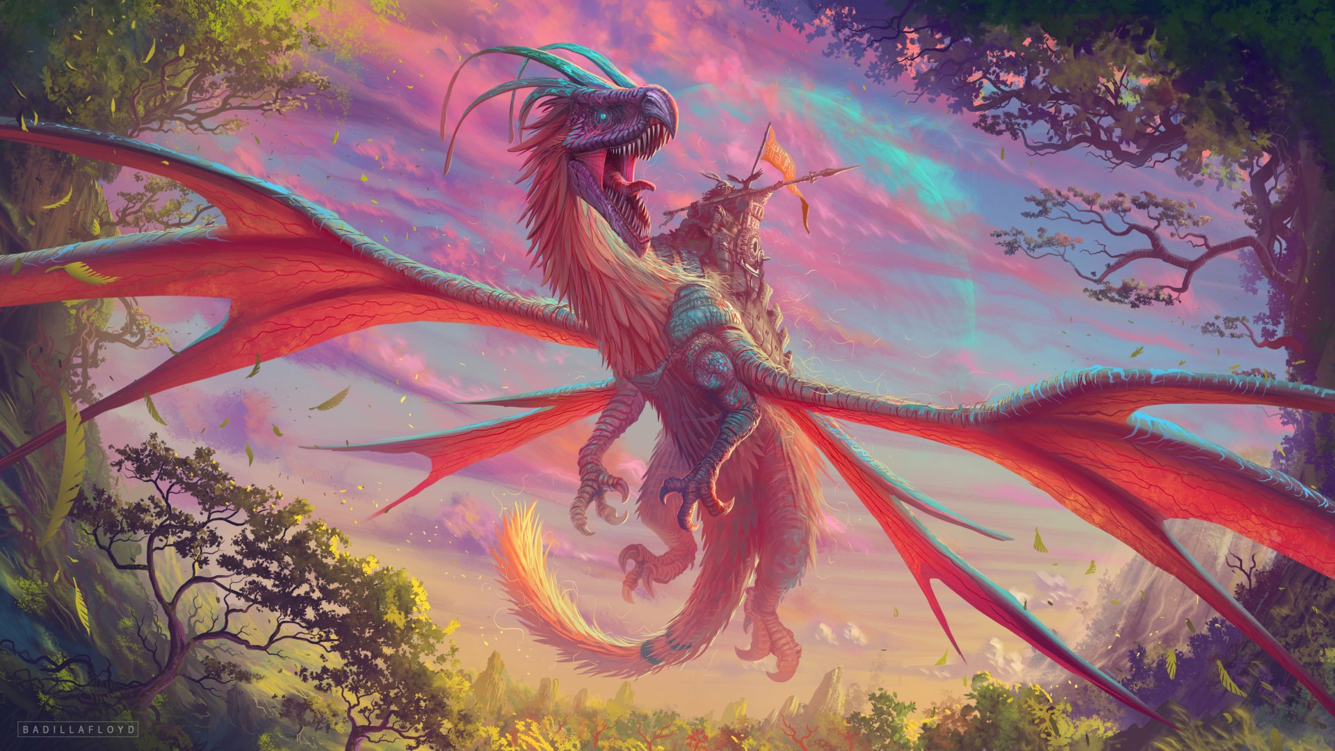 A vibrant HD fantasy wallpaper featuring a dragon and a warrior against a colorful sunset sky, with lush, green trees framing the scene.