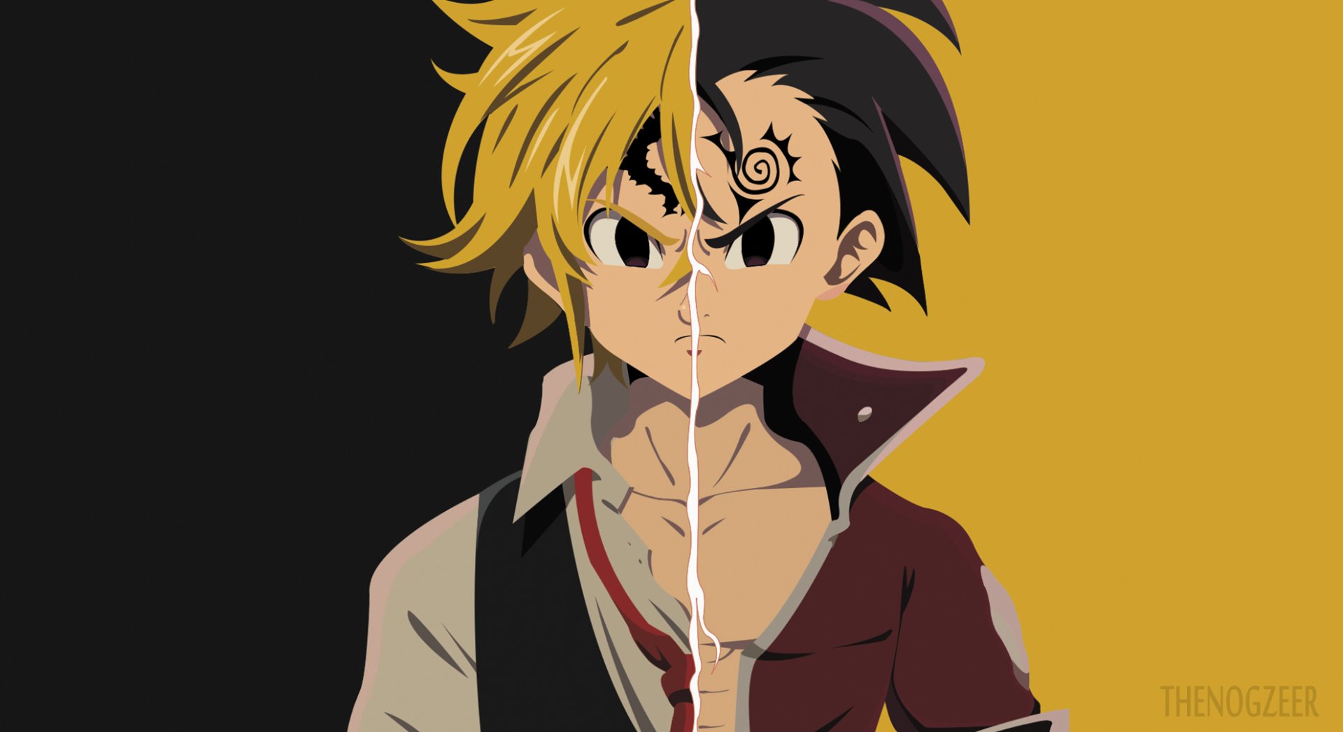 Minimalist HD desktop wallpaper featuring Zeldris and Meliodas from The Seven Deadly Sins, with their faces split and contrasting backgrounds of black and yellow. Anime fans will appreciate the detailed artwork.