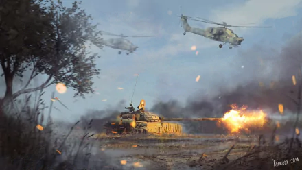 HD PC desktop wallpaper: Mil Mi-28 attack helicopters hover over a burning T-72 tank on a smoky military battlefield.