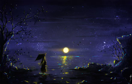 A woman with long hair holding an umbrella stands by a serene oriental night landscape under a glowing moon, surrounded by a fantasy-inspired HD desktop wallpaper scene.