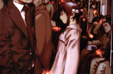 Lain Iwakura HD PC desktop wallpaper: she stands alone in a crowded, dim train car, wearing a pale coat, surrounded by commuters and red glowing lights.