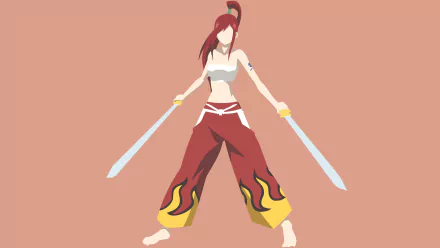 Erza Scarlet from Fairy Tail in anime style, standing with twin swords, red hair and flame-trimmed pants — 4K Ultra HD PC desktop wallpaper