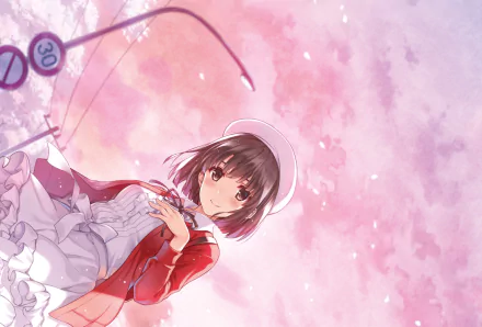 This HD desktop wallpaper features Megumi Katō from the anime Saekano: How to Raise a Boring Girlfriend against a beautiful, soft pink background.