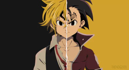 Minimalist HD desktop wallpaper featuring Zeldris and Meliodas from The Seven Deadly Sins, with their faces split and contrasting backgrounds of black and yellow. Anime fans will appreciate the detailed artwork.