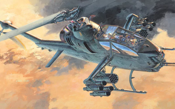 HD desktop wallpaper of a military Bell AH-1 Cobra attack helicopter flying through a smoky sky, showcasing its armaments and sleek design.