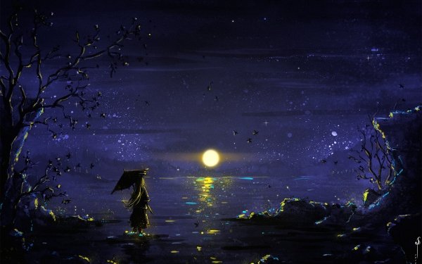 Fantasy Women Oriental Night Landscape Umbrella Long Hair HD Wallpaper | Background Image
