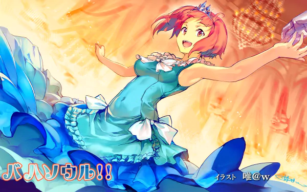 HD PC desktop wallpaper of Nina Drango from Rage of Bahamut: Genesis — anime heroine with pink hair and tiara in a flowing blue frilled dress against a warm orange backdrop.