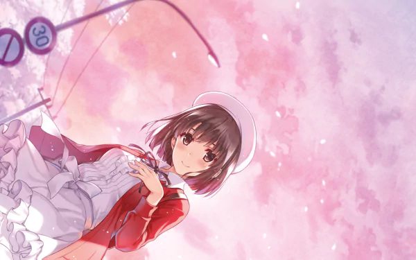 This HD desktop wallpaper features Megumi Katō from the anime Saekano: How to Raise a Boring Girlfriend against a beautiful, soft pink background.