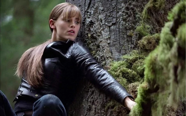 HD PC desktop wallpaper featuring a scene from the Elektra movie, showing the character in a black leather outfit against a forest backdrop.