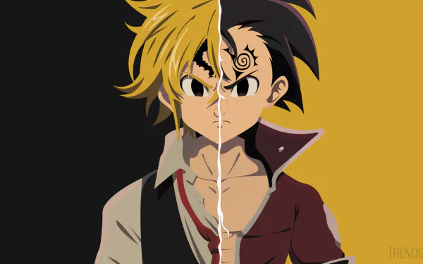 Minimalist HD desktop wallpaper featuring Zeldris and Meliodas from The Seven Deadly Sins, with their faces split and contrasting backgrounds of black and yellow. Anime fans will appreciate the detailed artwork.