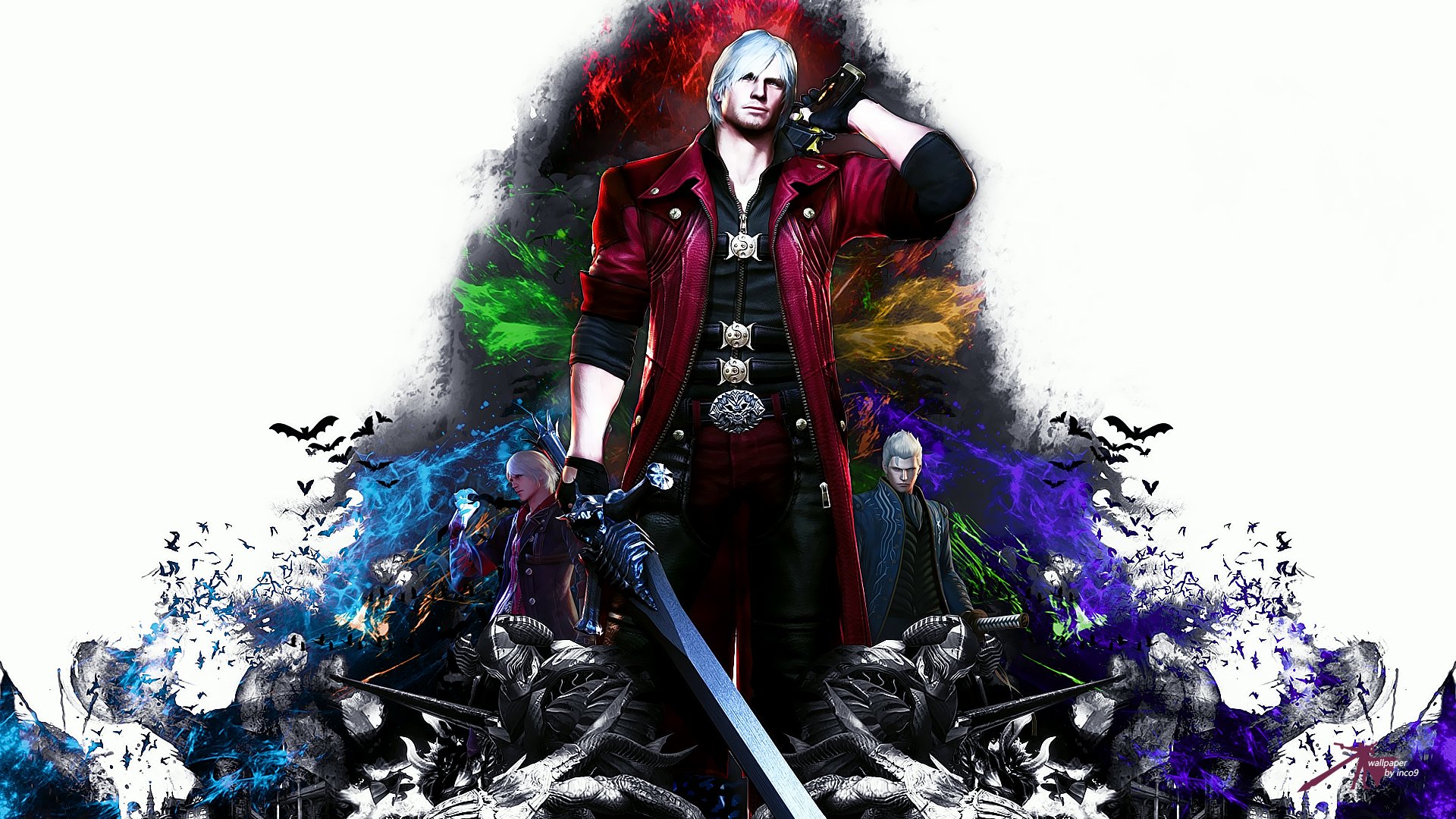 HD PC desktop wallpaper featuring Dante from Devil May Cry 4, showcasing vibrant colors and dynamic video game artwork.