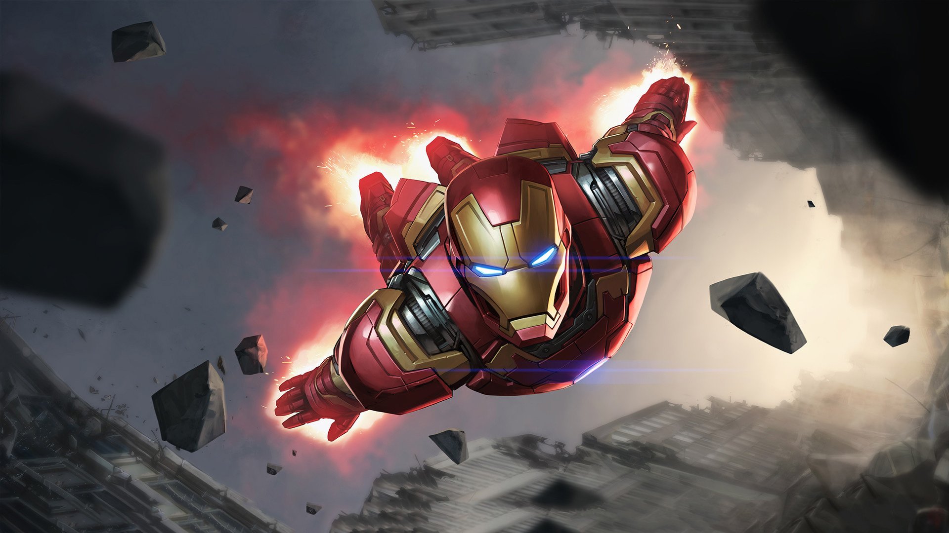 Iron Man blasts forward through rubble, glowing repulsors and arc reactor; HD PC desktop wallpaper from the movie Avengers: Age of Ultron.