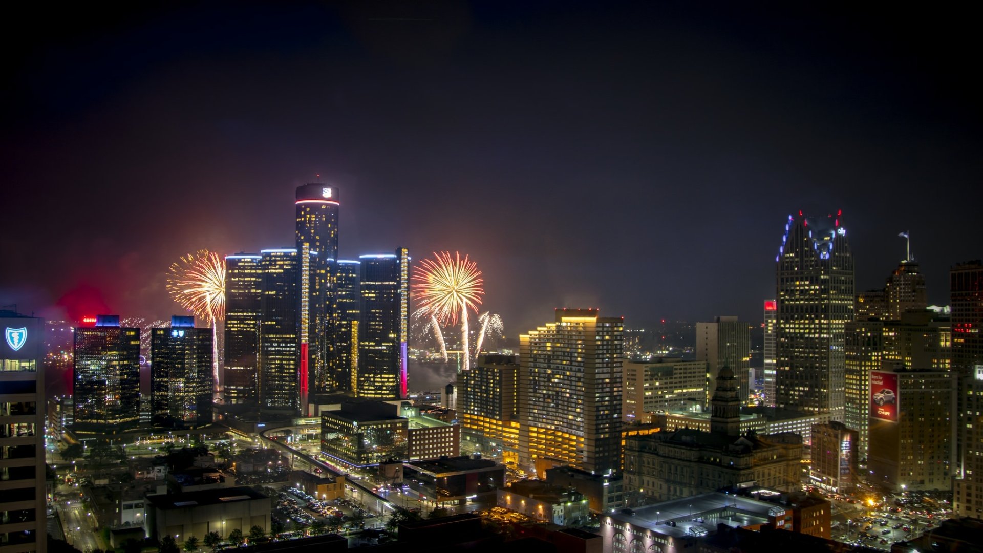 Download Michigan Skyscraper USA Building Fireworks Night Man Made