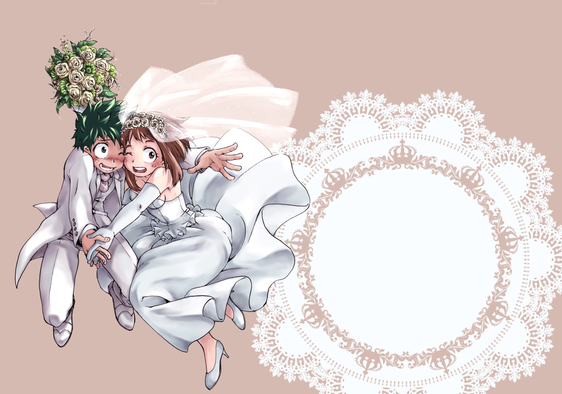 HD anime wallpaper featuring Izuku Midoriya and Ochaco Uraraka from My Hero Academia in wedding attire against a soft pink background with a decorative lace frame.