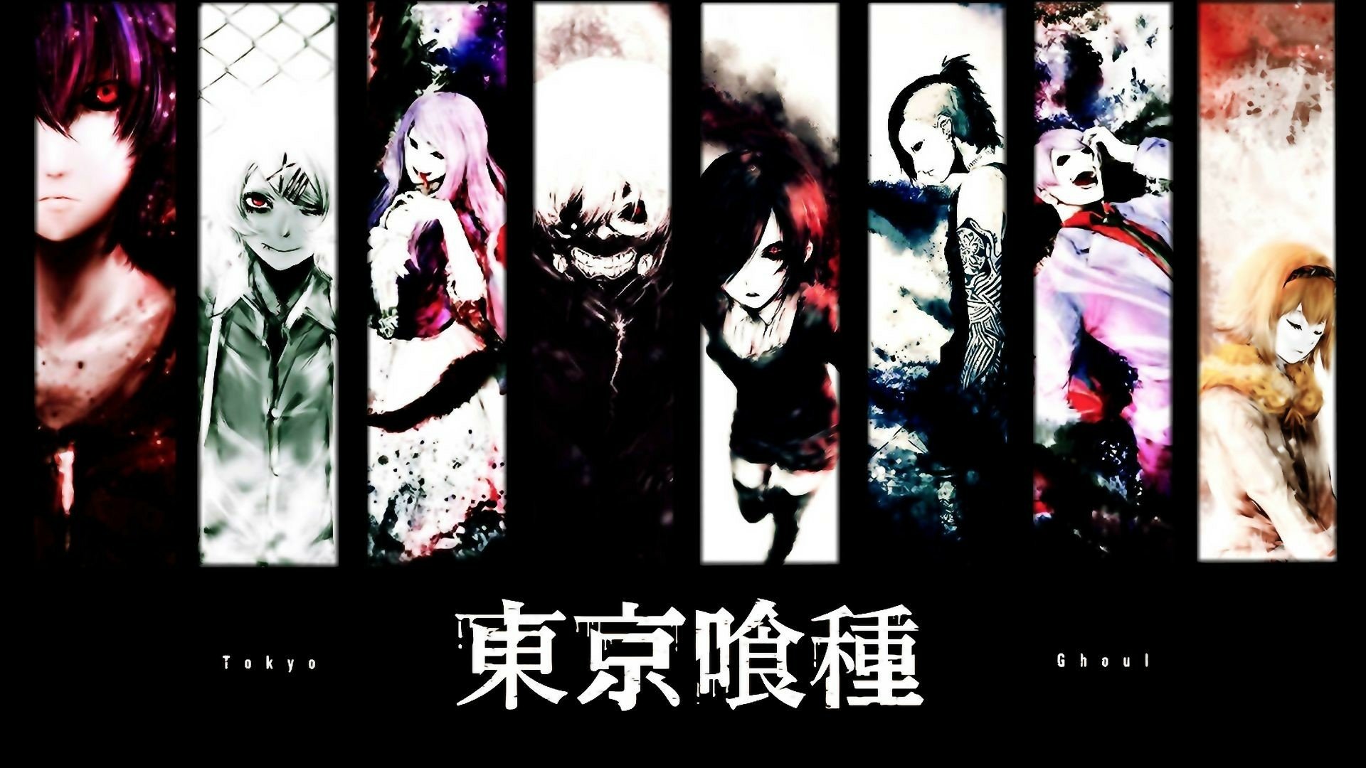 HD Tokyo Ghoul anime wallpaper featuring key characters including Ken Kaneki, Touka Kirishima, Rize Kamishiro, Juuzou Suzuya, Hinami Fueguchi, and others in striking vertical panels.