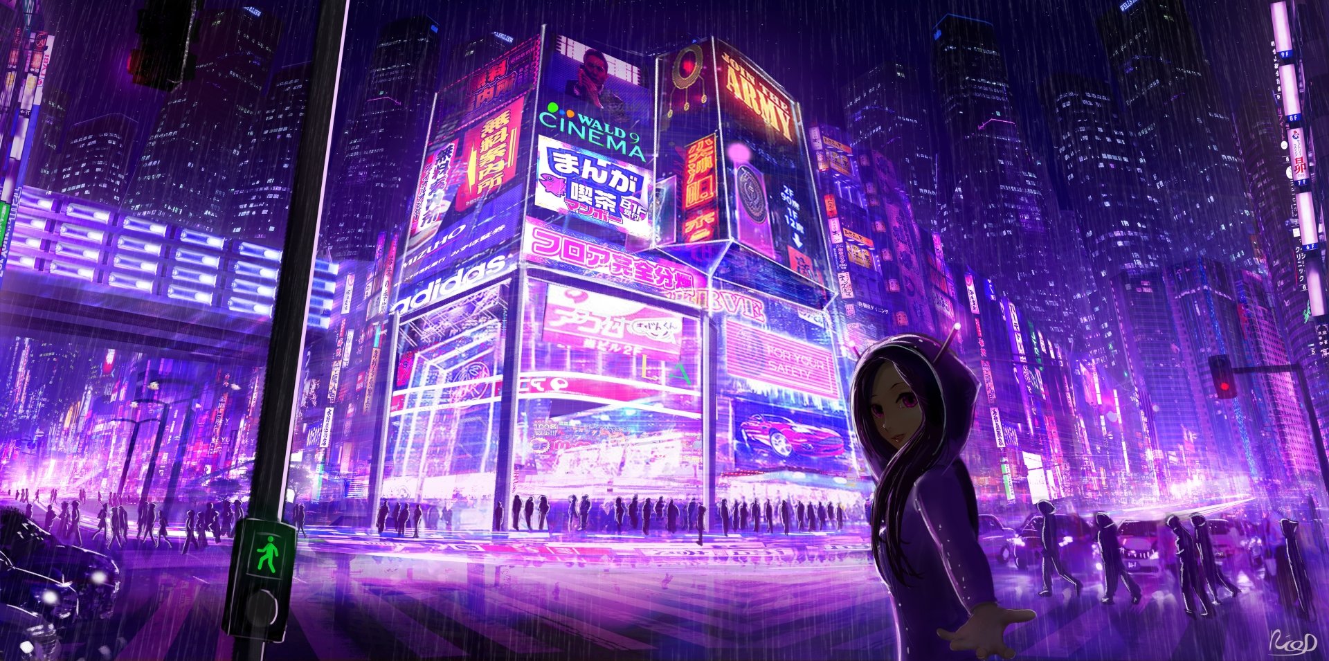 HD anime cityscape wallpaper featuring a vibrant, neon-lit urban area with tall buildings and a character in the foreground, dressed in a hoodie, against a rainy night backdrop.