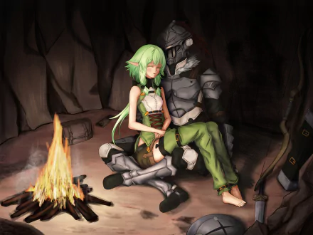 High Elf Archer and armored warrior from Goblin Slayer anime sit by a campfire inside a dark cave in this HD PC desktop wallpaper and background.