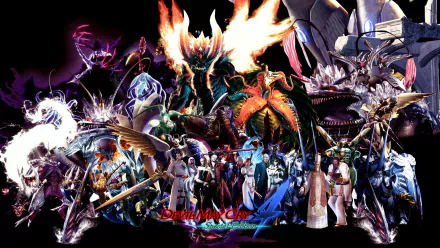HD PC desktop wallpaper featuring a dynamic collage of characters and demons from the video game Devil May Cry 4, showcasing intense action and dark fantasy elements.