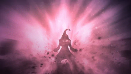 Majin Buu from Dragon Ball Z is depicted in a powerful pose surrounded by a radiant, pink energy aura in this HD PC desktop wallpaper.