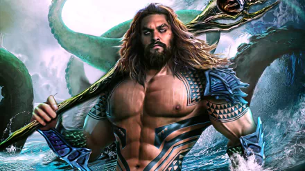 HD PC desktop wallpaper of the movie Aquaman: a bearded, muscular, trident-wielding hero emerging from stormy seas with tentacles and crashing waves.