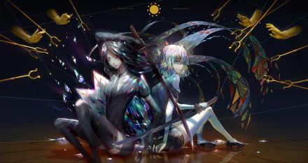 4K Ultra HD anime wallpaper featuring Diamond and Bort from Land of the Lustrous, set against a dark backdrop with vibrant, crystalline and celestial elements.
