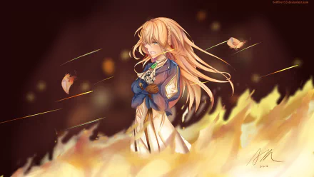 4K Ultra HD anime wallpaper featuring Violet Evergarden standing amidst glowing embers with her long blonde hair flowing against a dark background.